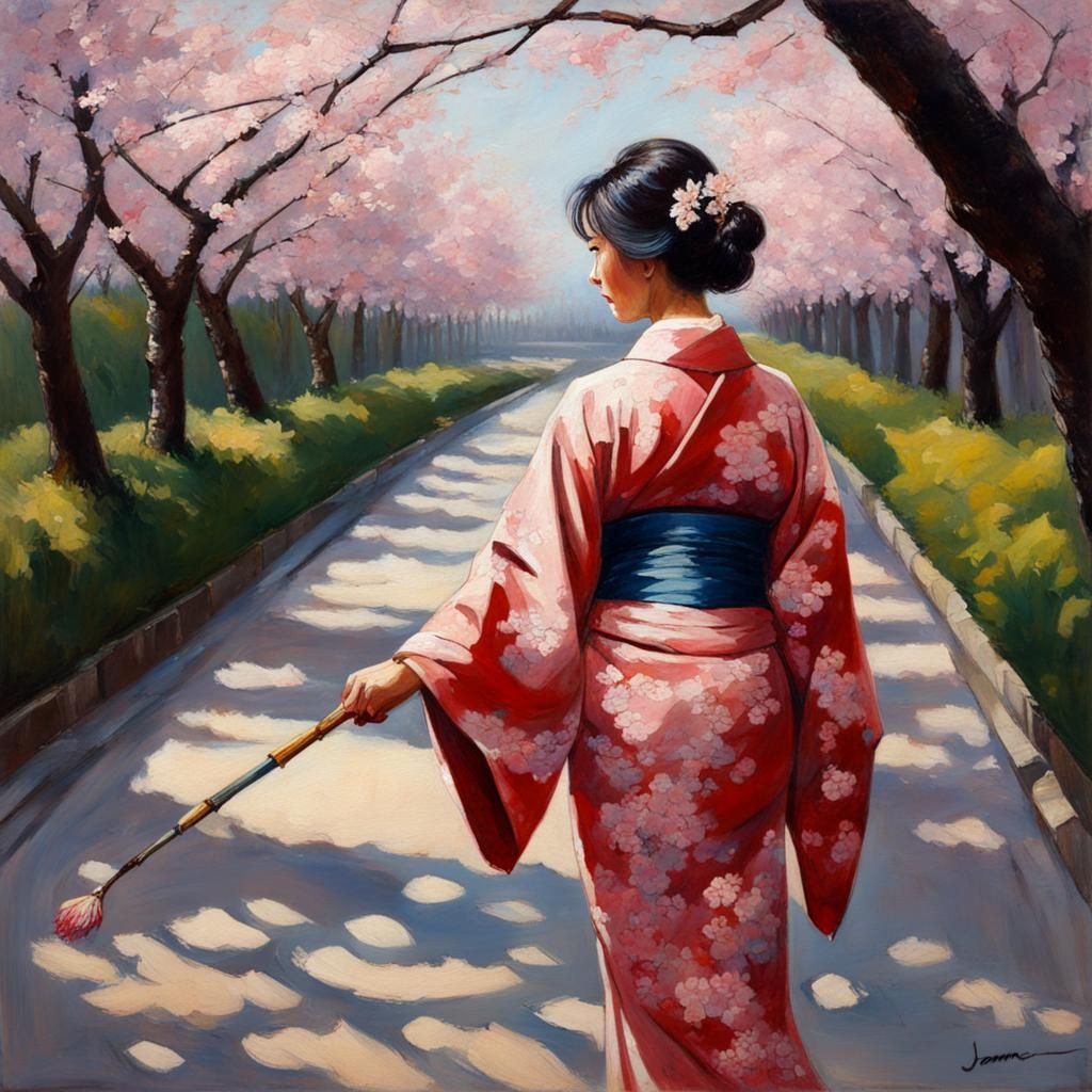 Woman in Kimono Among Cherry Blossoms: Oil Painting