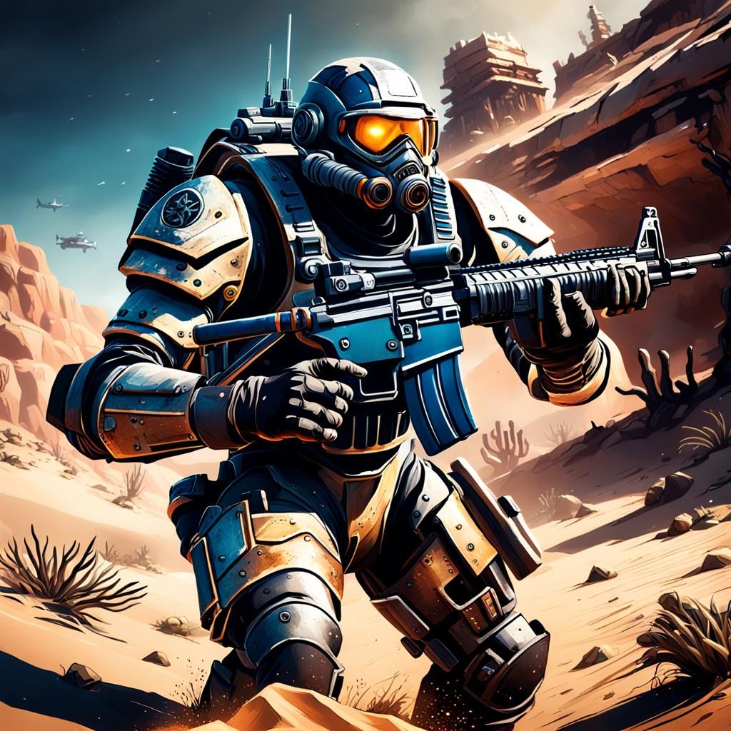 Power Armor Soldier Battles Raiders on Desert Coast