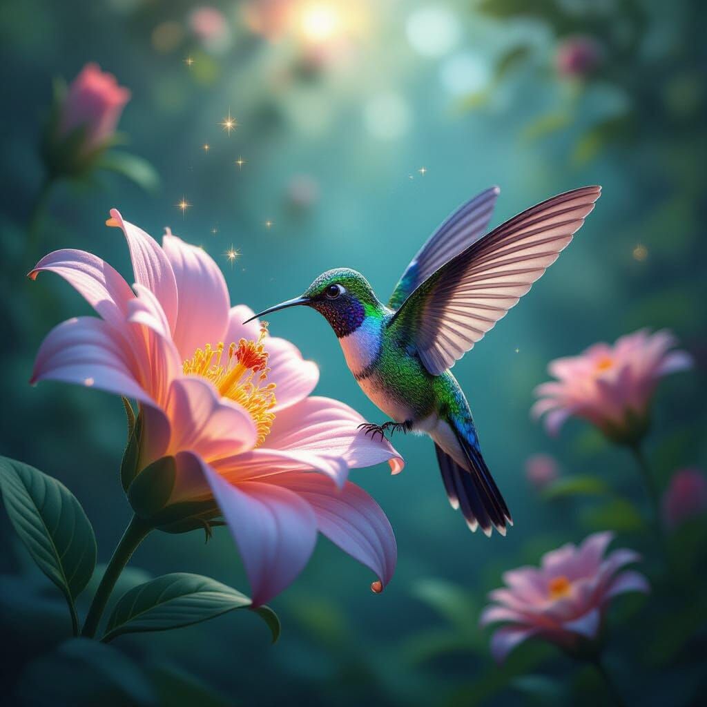 Bioluminescent Hummingbird Sipping Nectar in Hyperrealistic ...