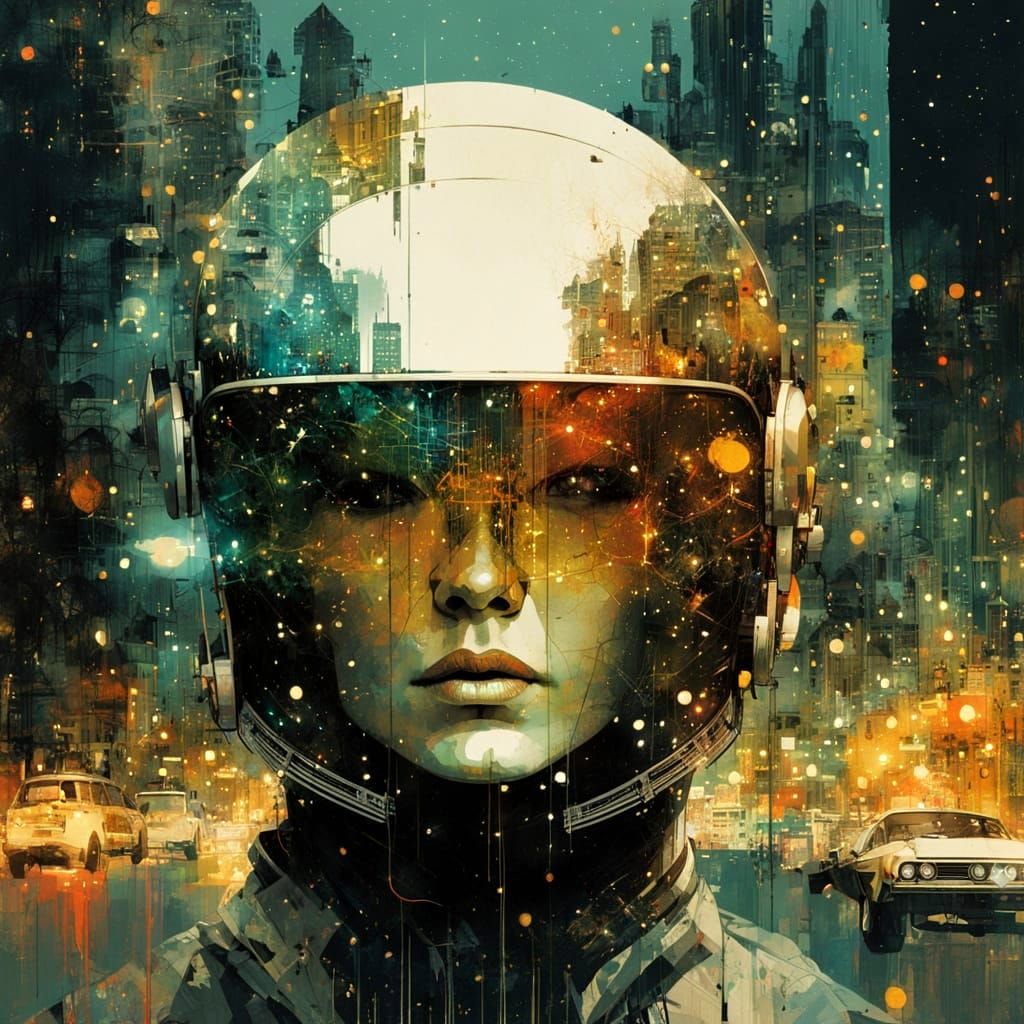 Galaxy Dripping into Cityscape with Silhouette in Double Exp...