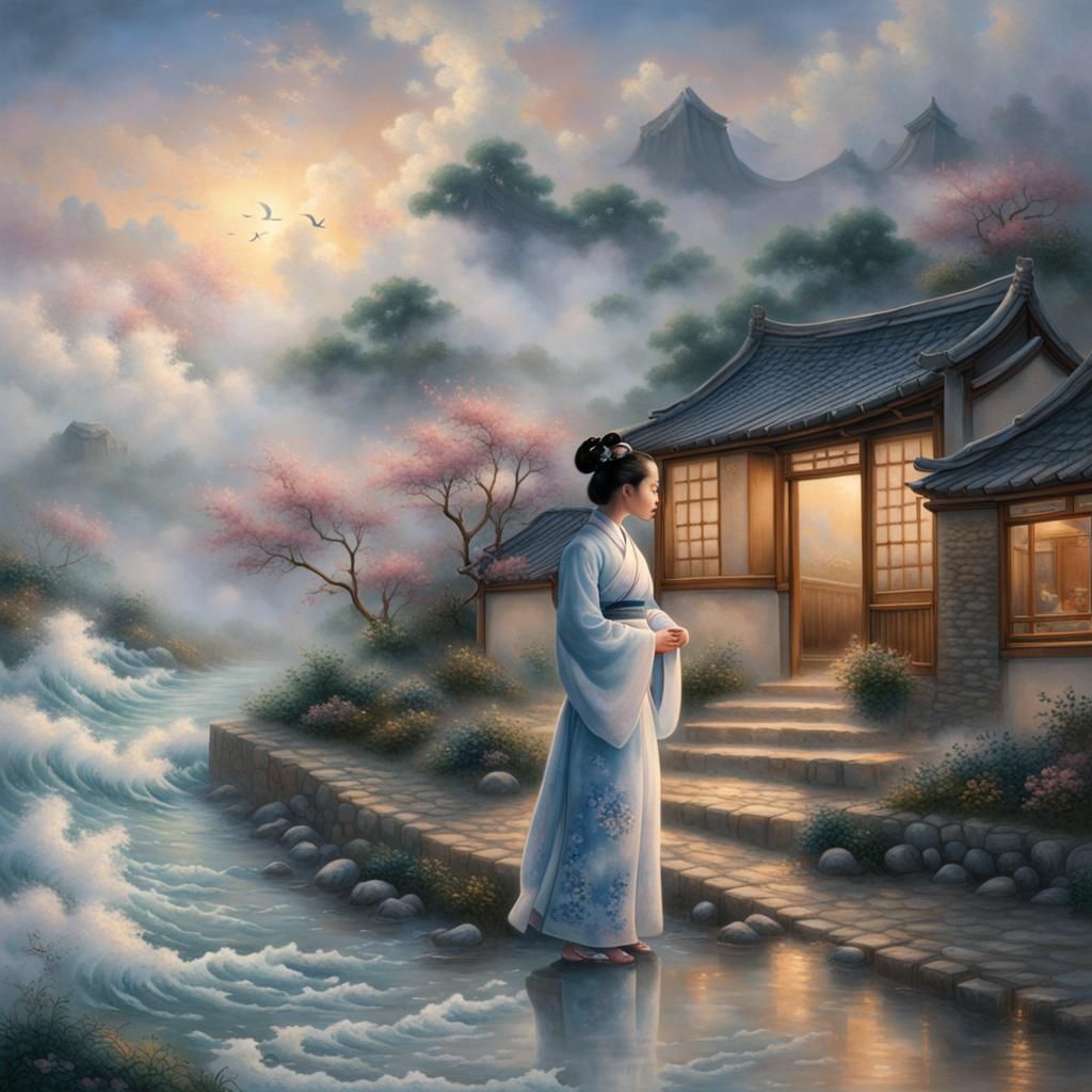 Dreamy Chinese Woman in Hanfu with The Great Wave