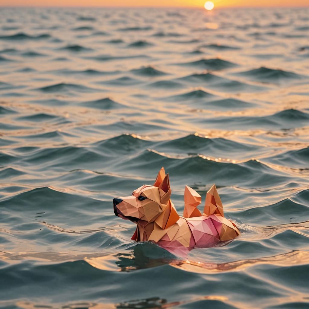 Dog Swimming at Sunset in Origami Papercraft Style