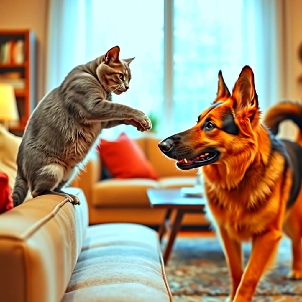 Friendly Feline and Canine Encounter in a Cozy Living Room