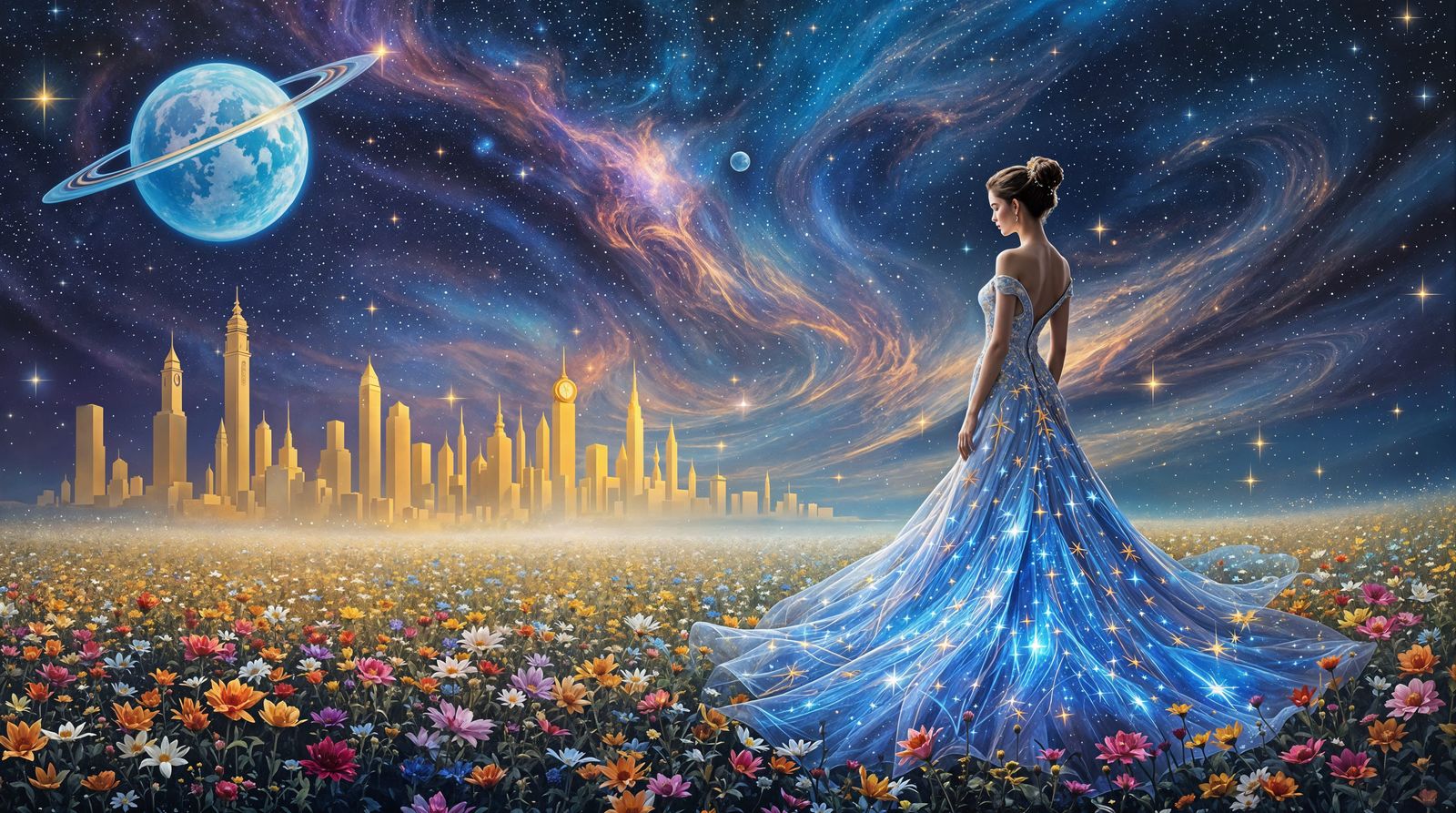 Cosmic Goddess Amidst Golden Cityscape