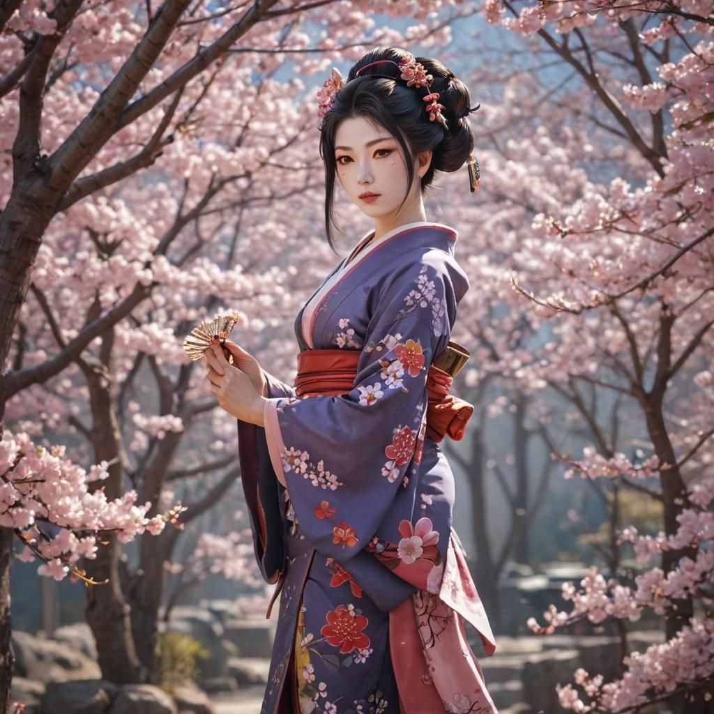 Geisha in Cherry Blossoms: Anime Style Illustration