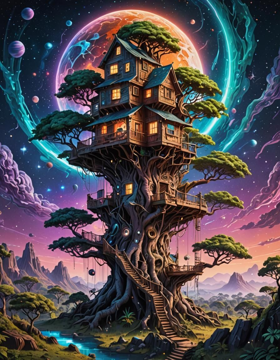 Cosmic Treehouse on Distant Planet, Holographic Illustration