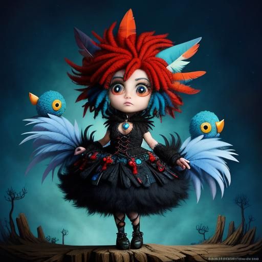 Gothic Punk Baby Bird in Surreal Fairytale Scene