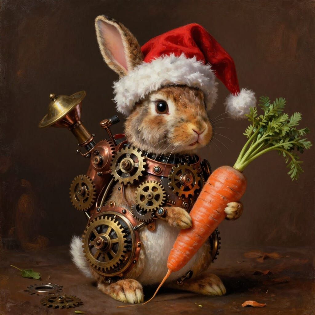 Steampunk Rabbit in Santa Hat with Carrot, Oil Painting