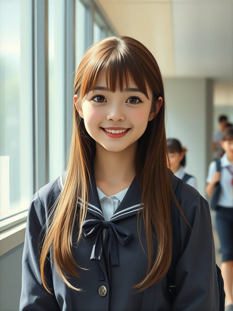 Japanese Schoolgirl in Dark Grey Uniform, Captured in Oil Pa...