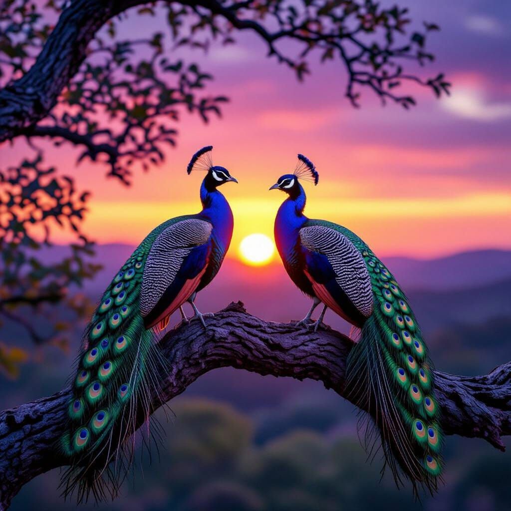 Two Realistic Peacocks at Purple Sunrise in Ethereal Light