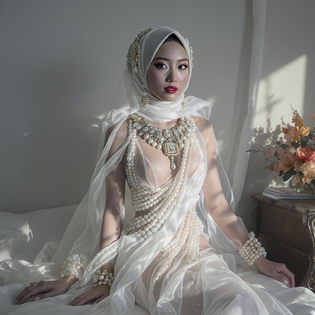 Asian Woman with Pearl Jewelry in Pop Surrealism Style