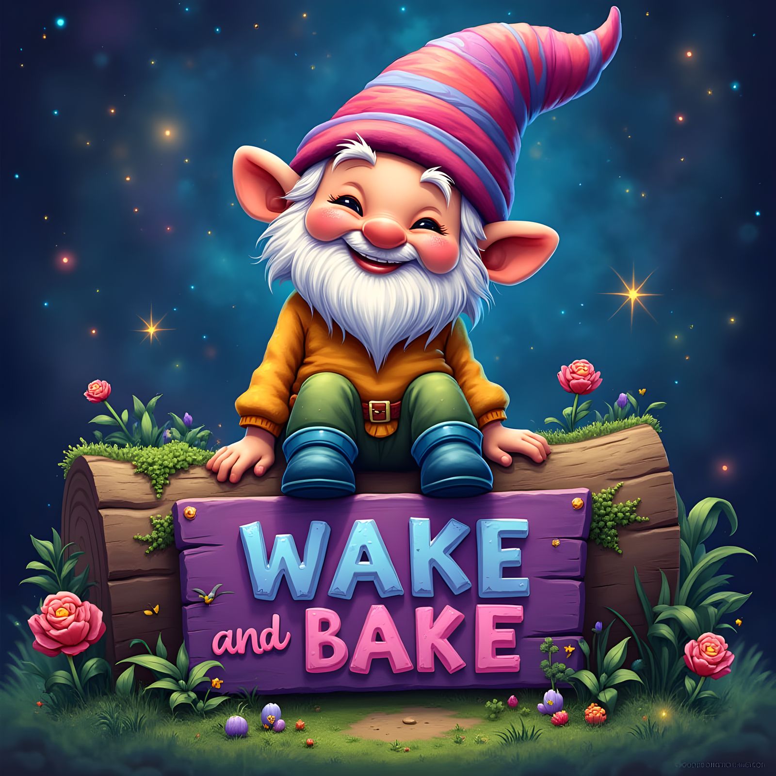 Smiling Gnome with Sign in Astral Illustration