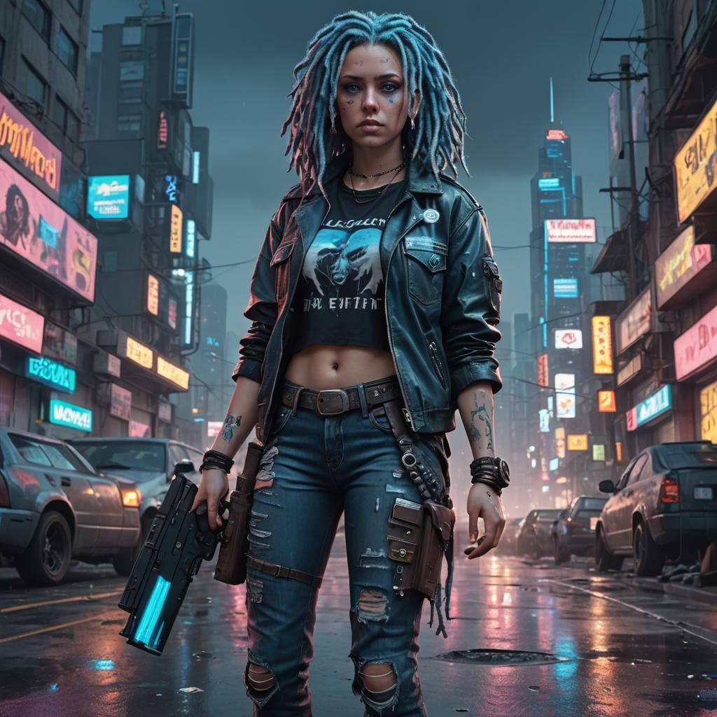 Karina Bucanan in Cyberpunk Cityscape at Dusk