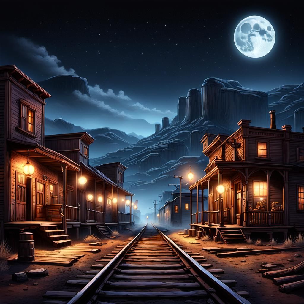 Wild West Showdown Under Moonlight: Cinematic Matte Painting
