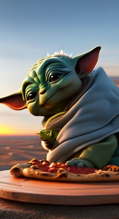 Baby Yoda Eating Pizza in Photorealistic Style