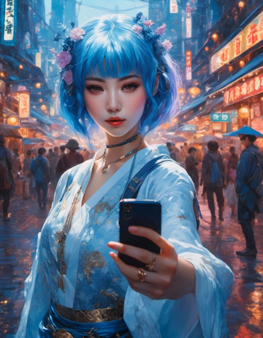 Neon Tokyo: Kawaii Teen Selfie in Glittery Fantasy Style
