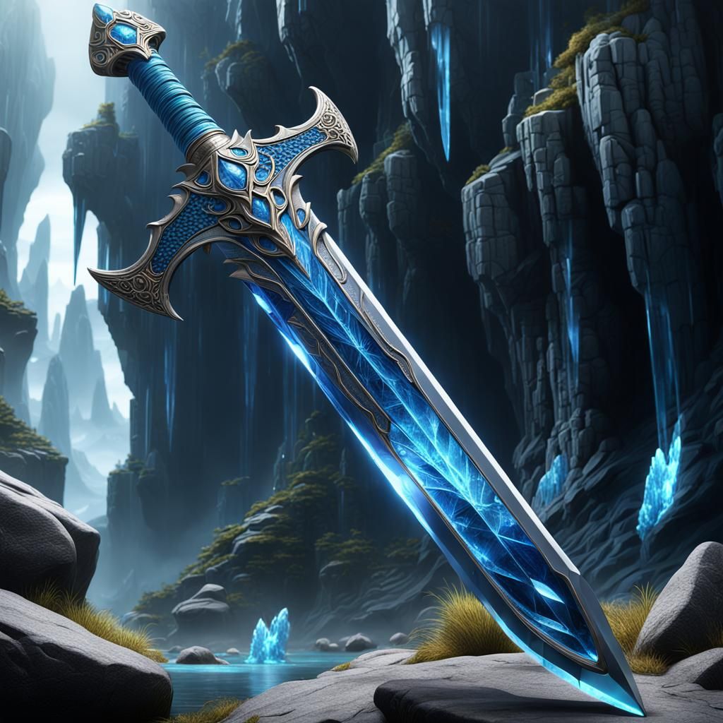 Extraterrestrial Blue Crystal Sword: Detailed Matte Painting
