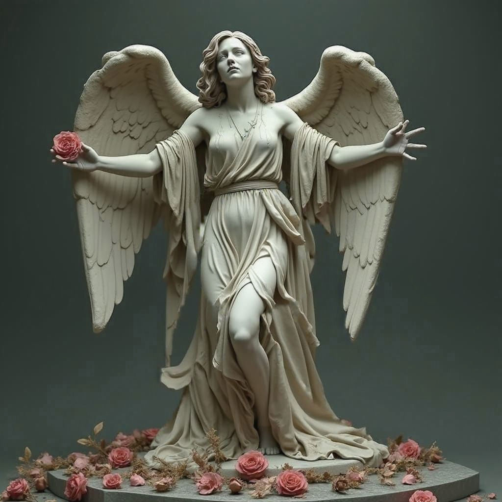 Sorrowful Winged Statue in a Desolate Landscape