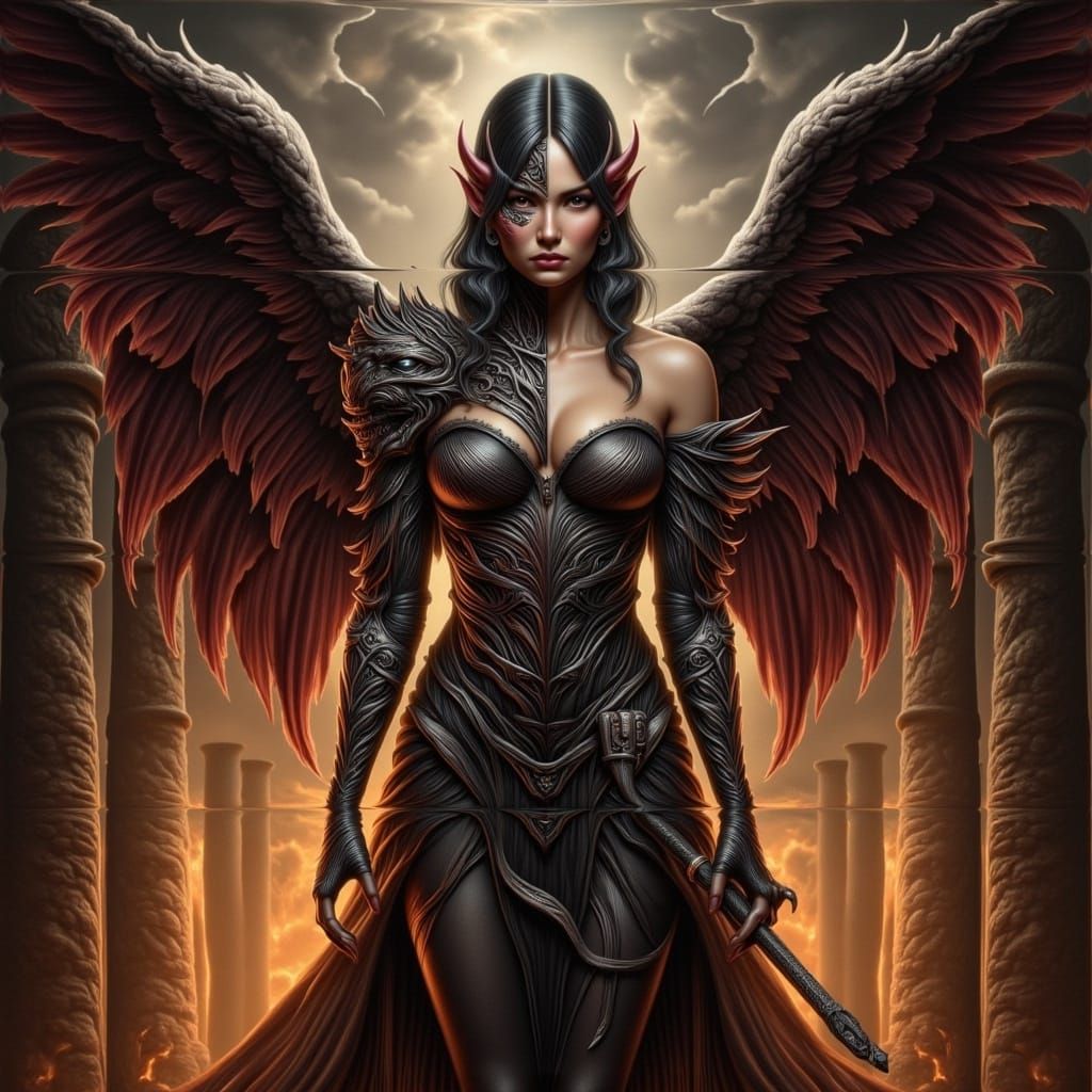 Gothic Angel-Demon Hybrid in Dark Mystical Realm