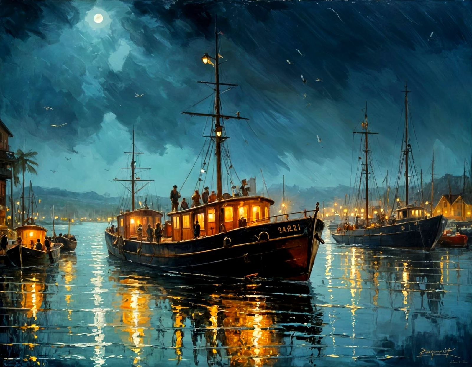 Night Harbor Impasto Painting with Glowing Lights