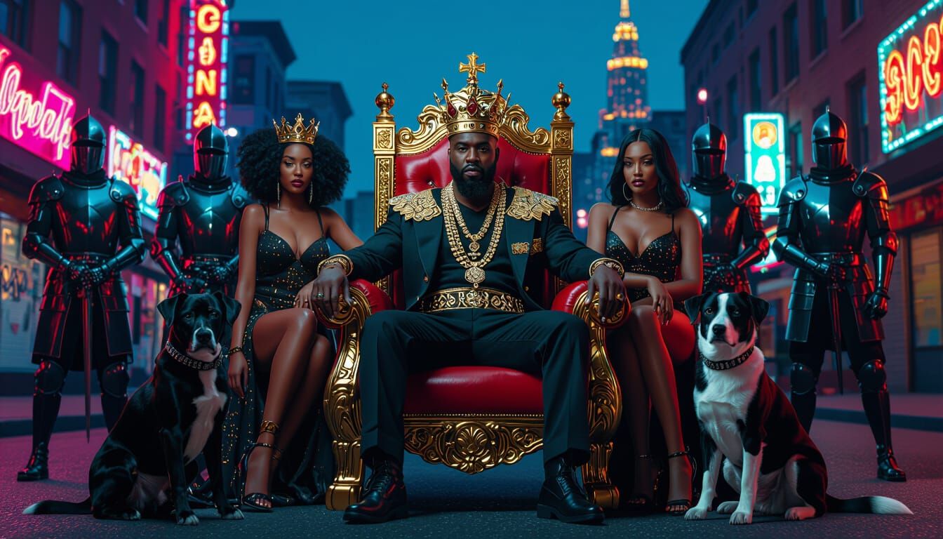 Black King on Throne with Knights and Dogs