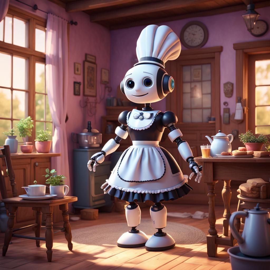 Robot Maid in Cosy House: 3D Digital Art