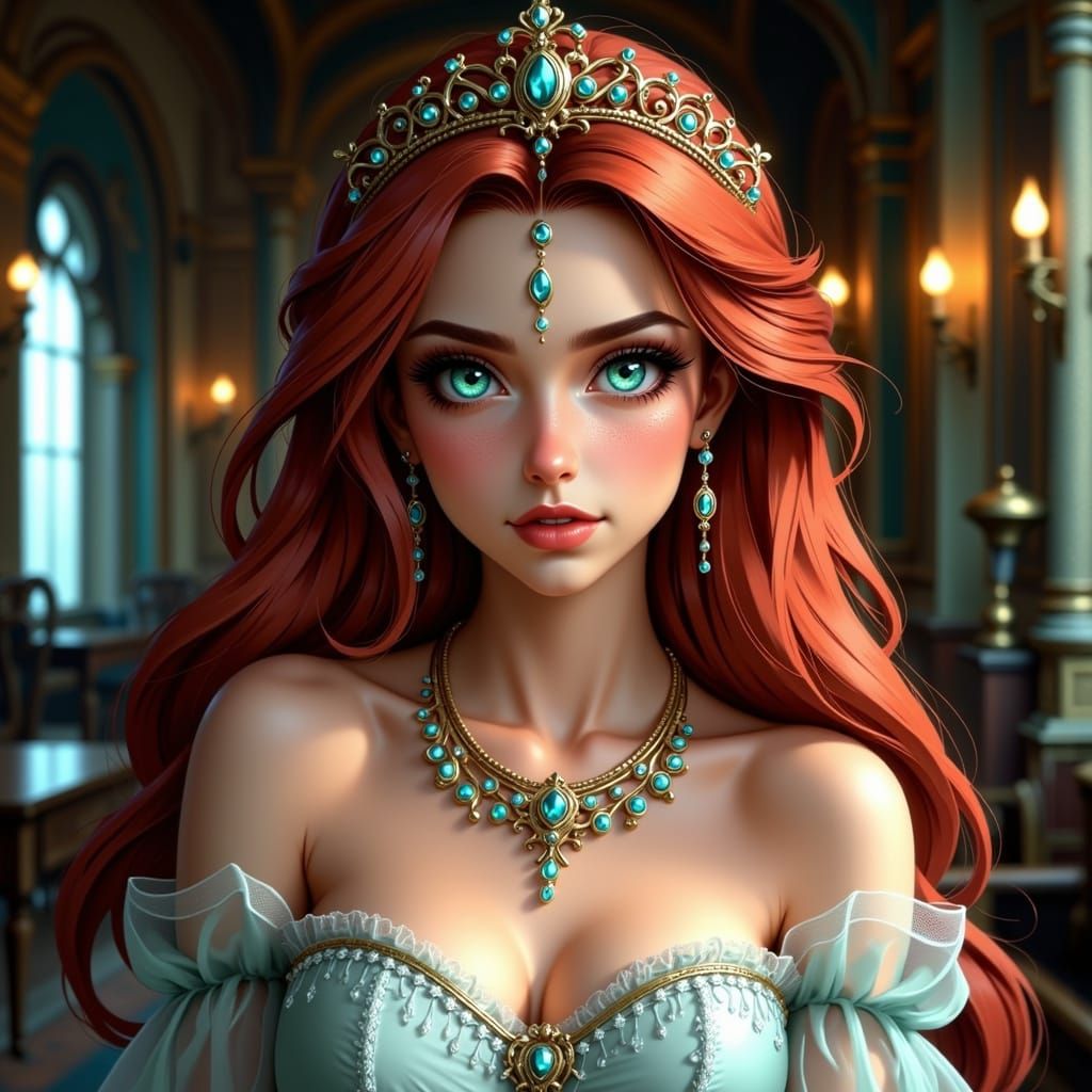 Red-Haired Princess Ariel in Elegant Castle Reflection