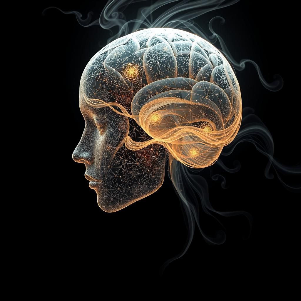 an abstract portrait of a floating head in space, waves, geo...