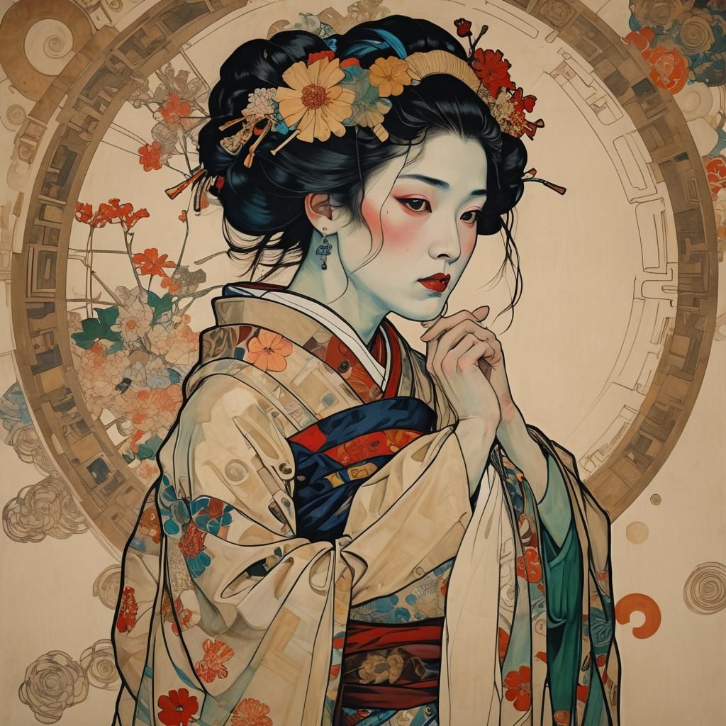 A geisha by Egon Schiele and Alphonse Mucha