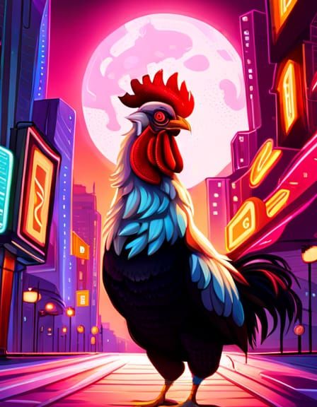 A Cyber Punk Rooster in a Neon Lit Area of Town