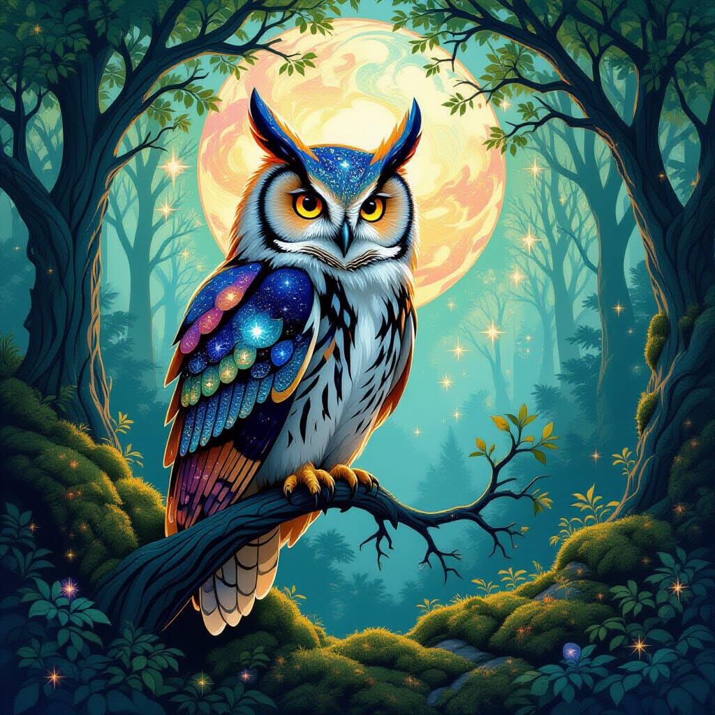 Majestic Cosmic Owl on Crystal Tree, Art Nouveau Fantasy