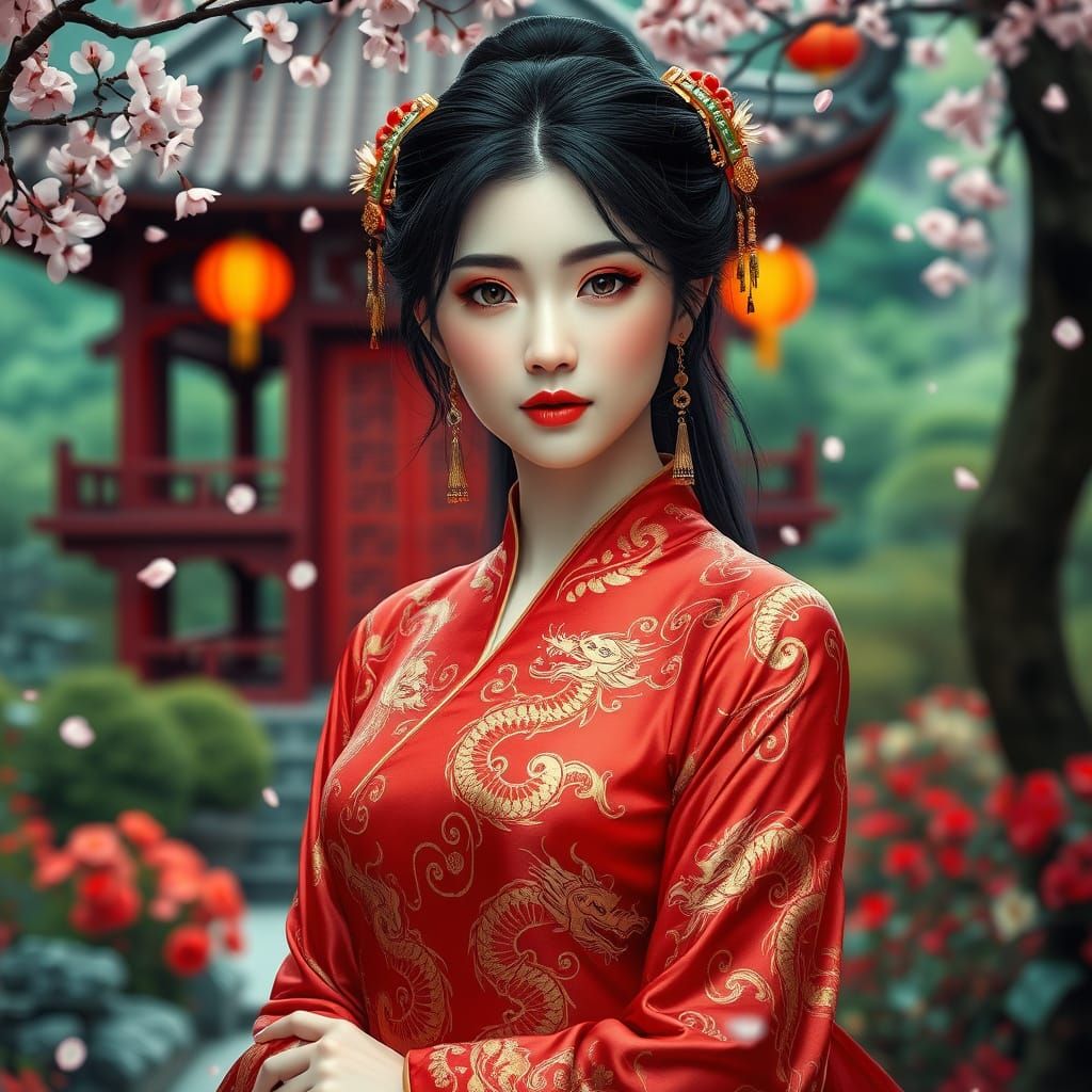 Elegant Chinese Woman in Traditional Garden