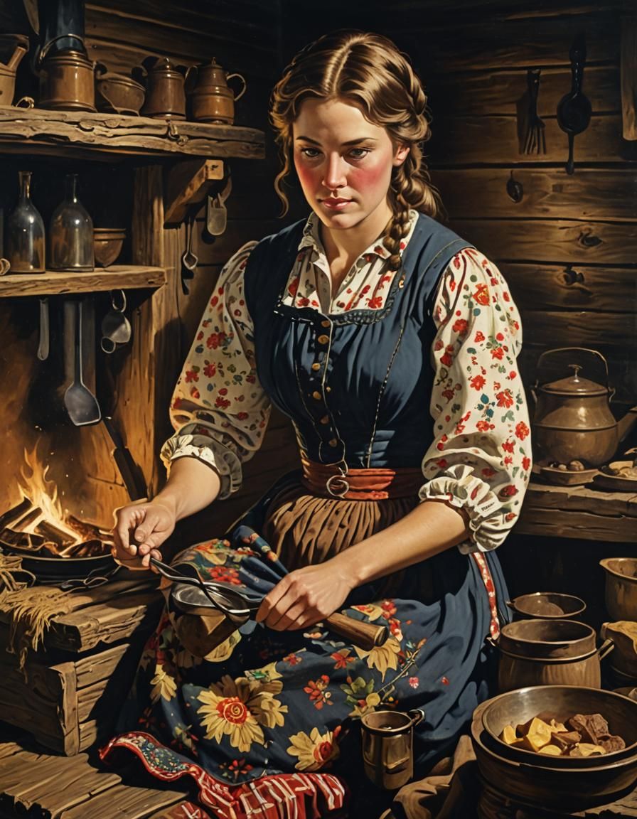 Pioneer Woman Preparing Meal in Log Cabin