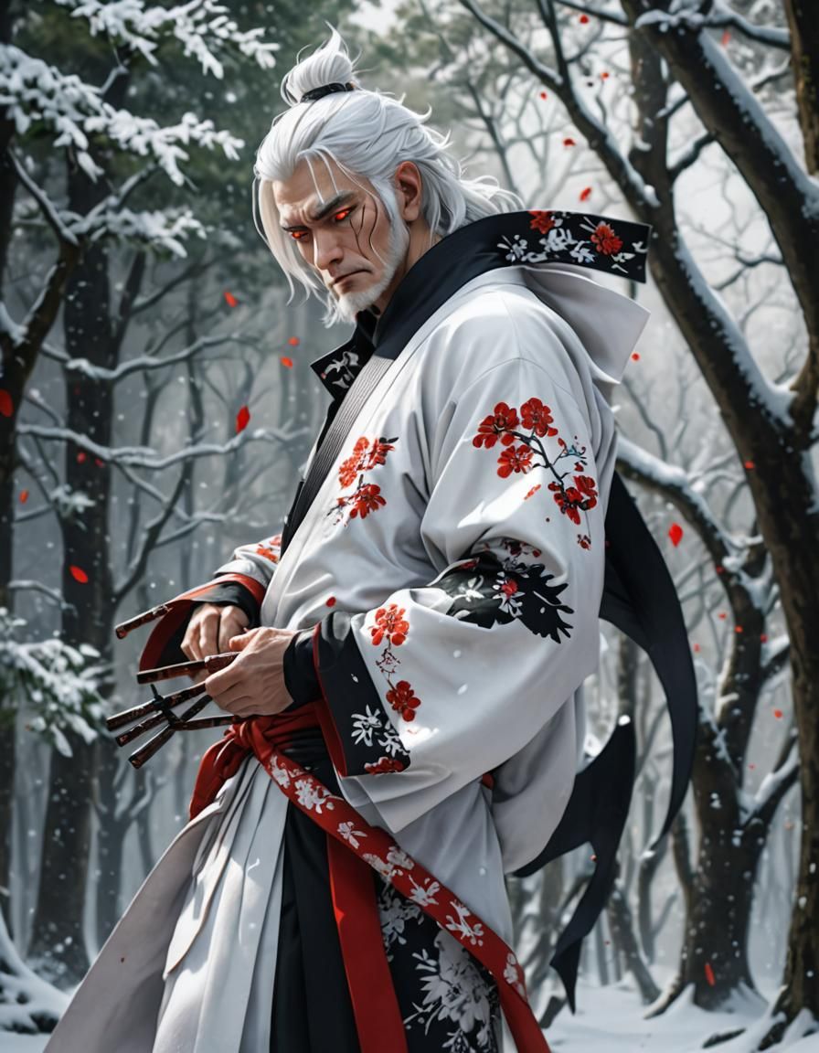 Ethereal Samurai in Snowy Forest
