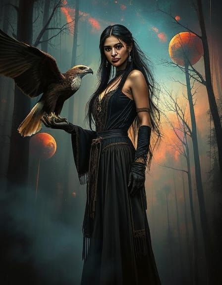 Native Woman with Eagle in Cyberpunk Forest