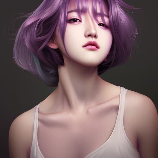 Kpop Girl Portrait with Ash Purple Hair, Hyperdetailed Art