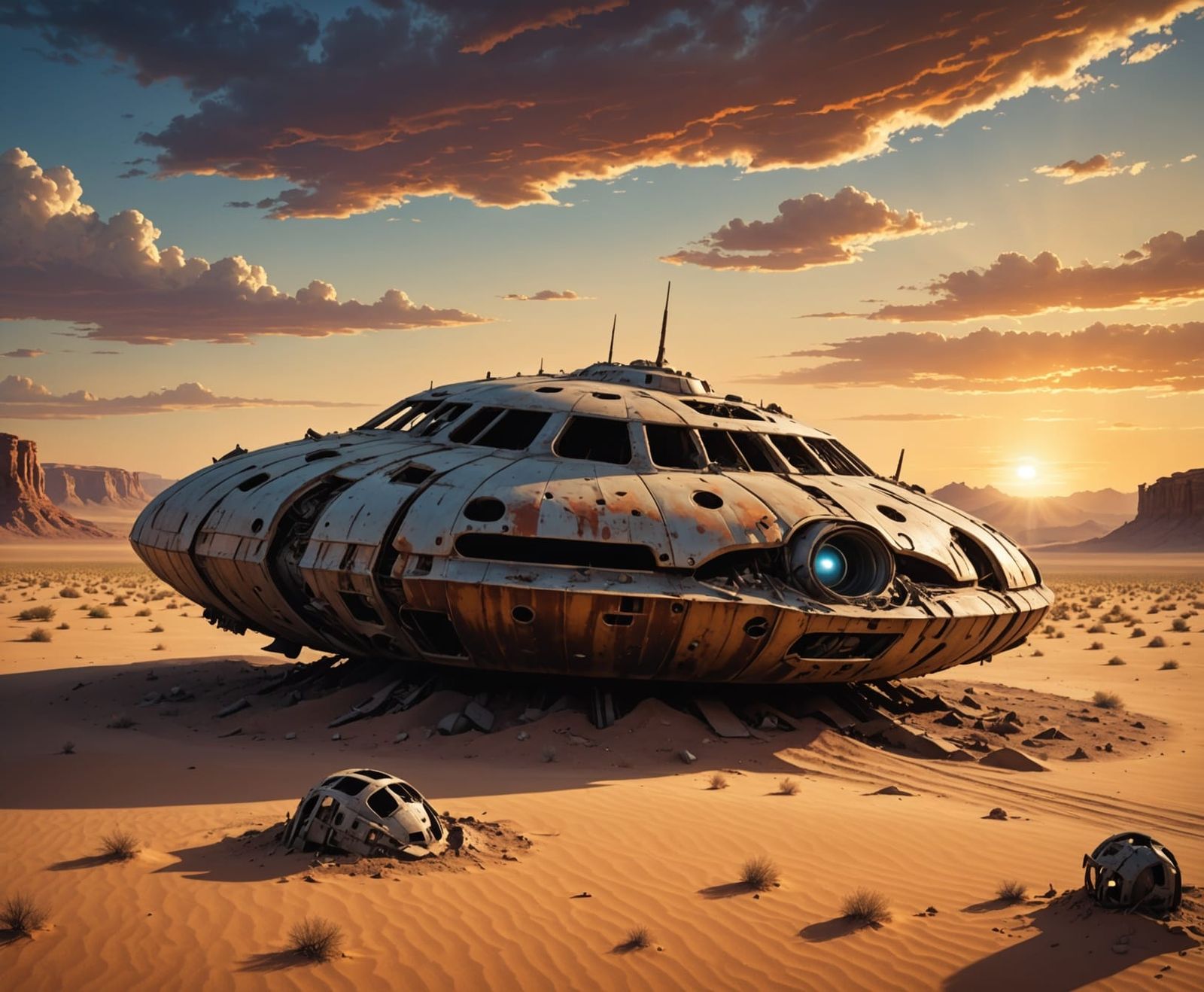 Rusted WW2 UFO Wreckage in Desert Sunset