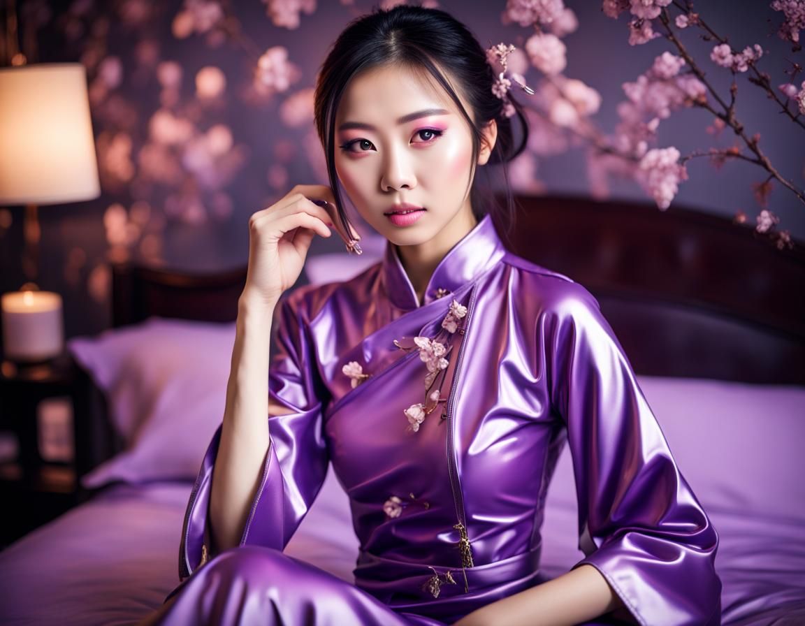Young Chinese Girl in Purple Latex Clothing