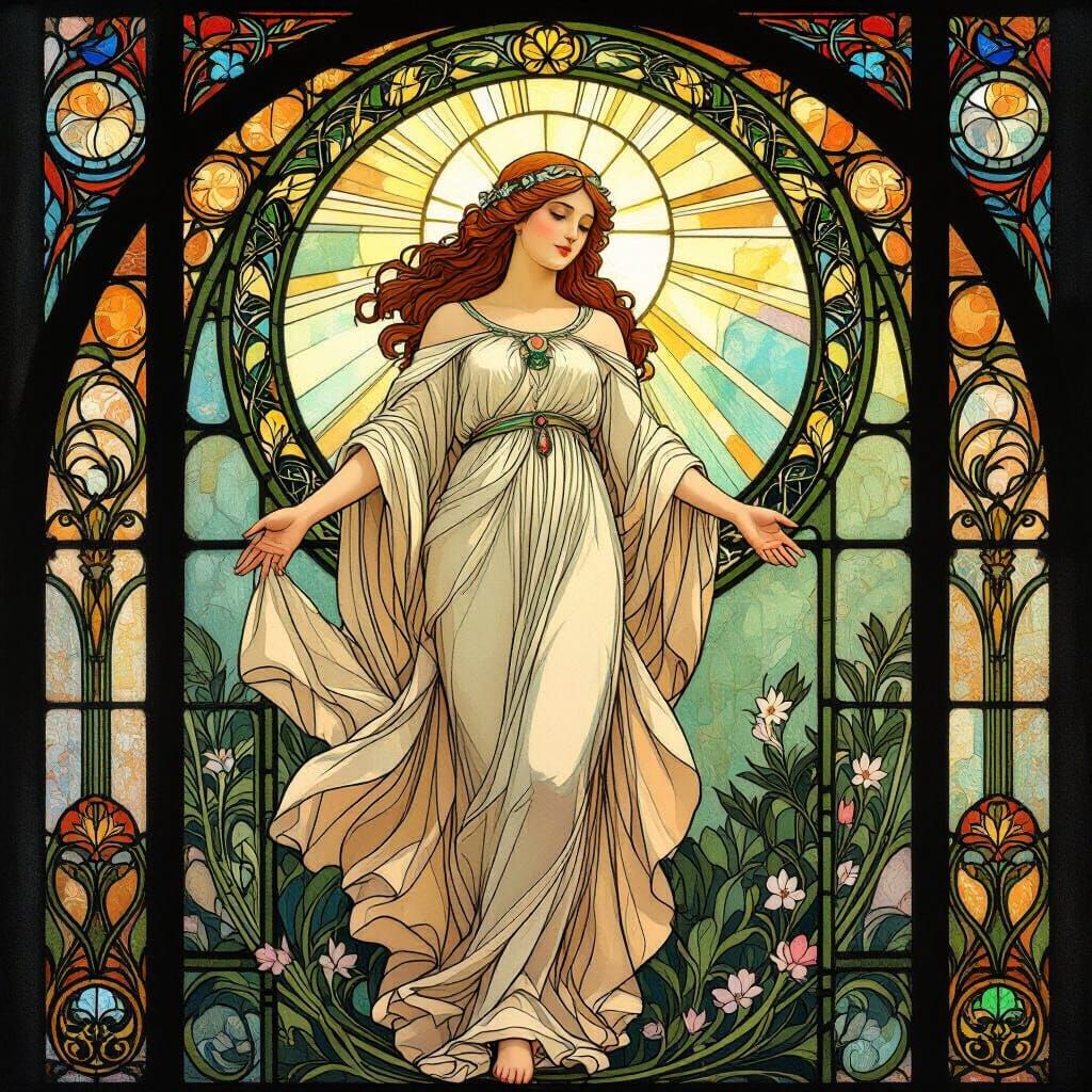 Dreamy Celestial Female in Art Nouveau Stained Glass