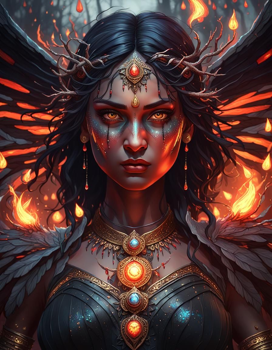 Goddess of Darkness with Fire and Fairy Wings