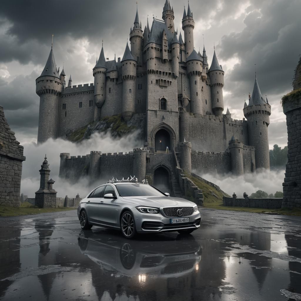 Crowned Car Parked Before Castle: Digital Matte Painting