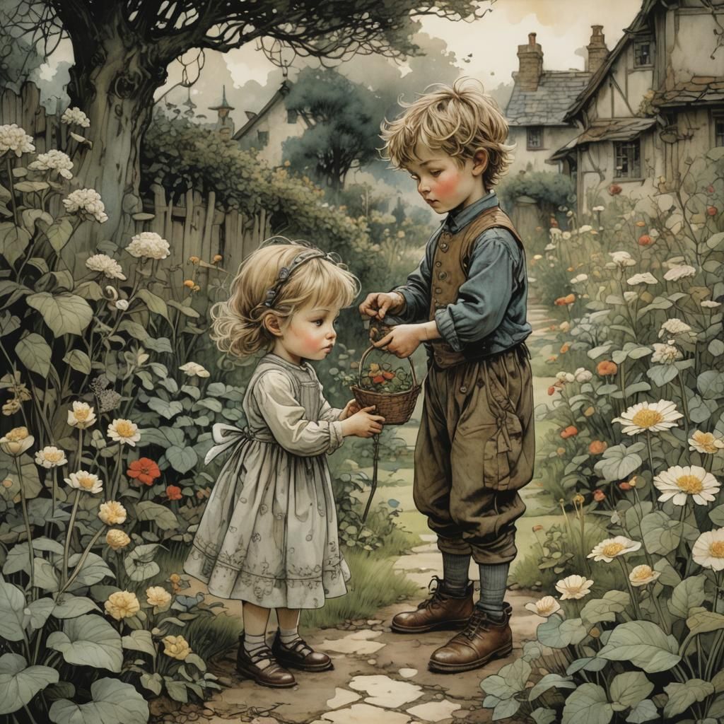 Brother and Sister Playing in Garden, Intricate Illustration