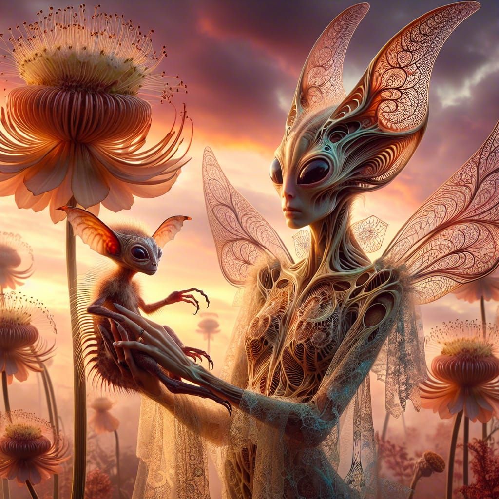 Alien Nymph with Baby in Exotic Garden