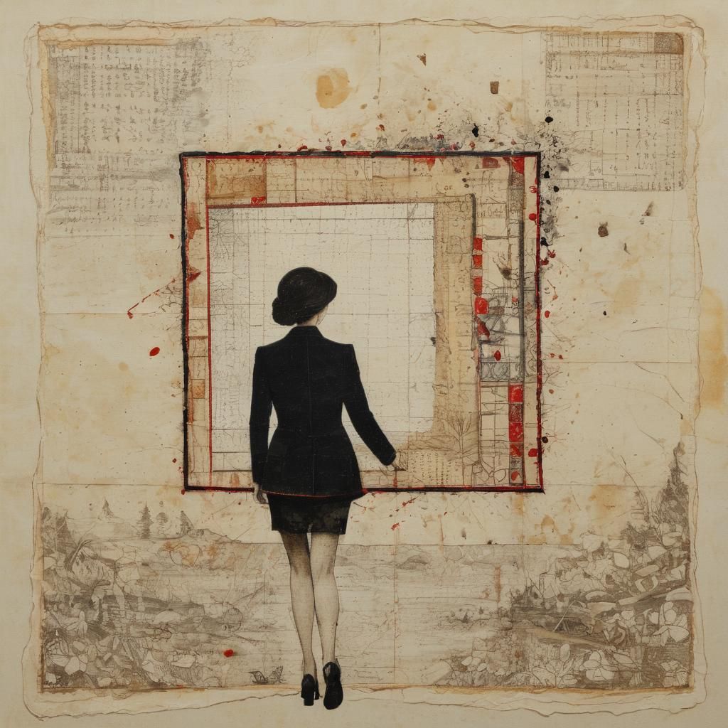 Woman in Liminal Space with Red Accents and Distressed Textu...