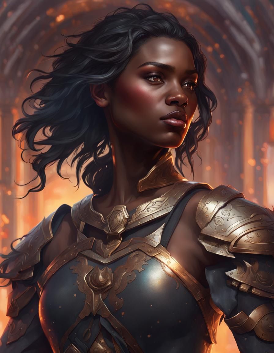 Beautiful Dark-Skinned Warrior Portrait in Hyperdetailed Sty...