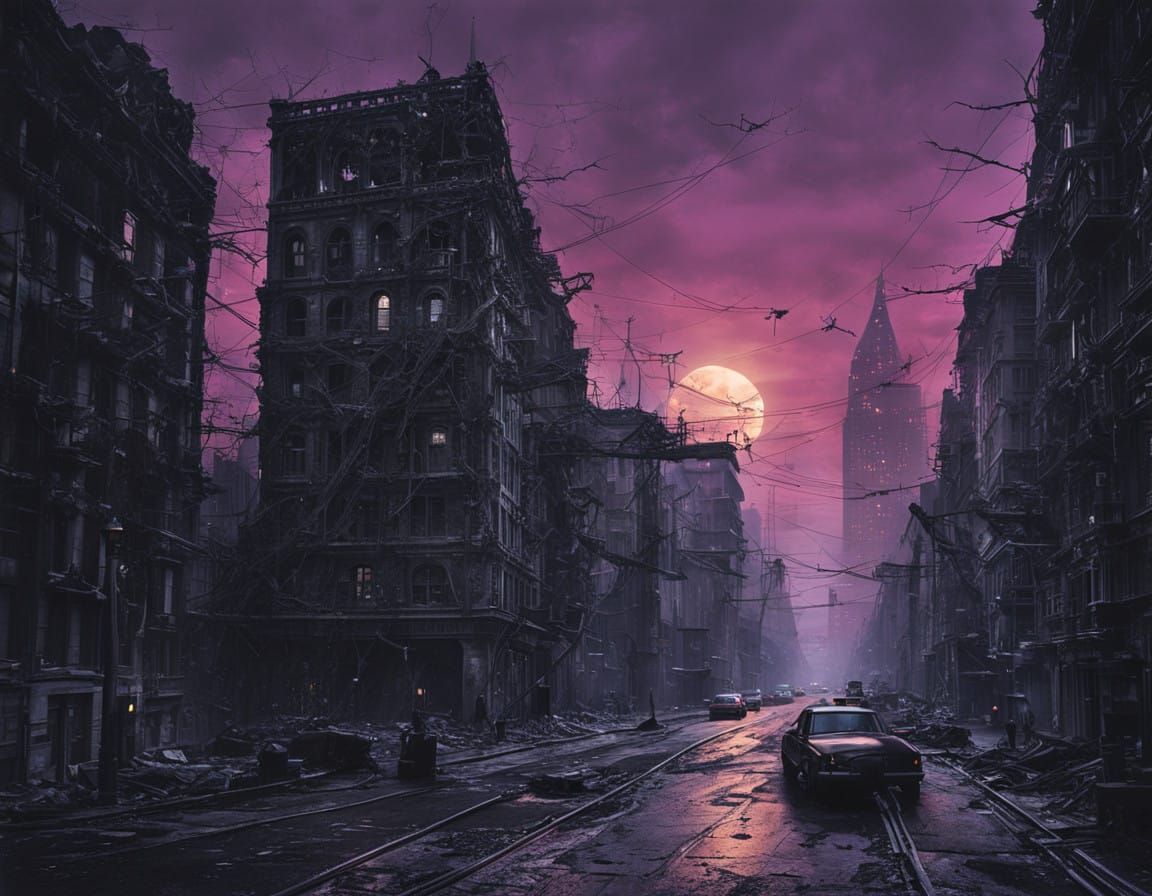 Ethereal Gothic Dystopian New York City Skyline in Eternal M...