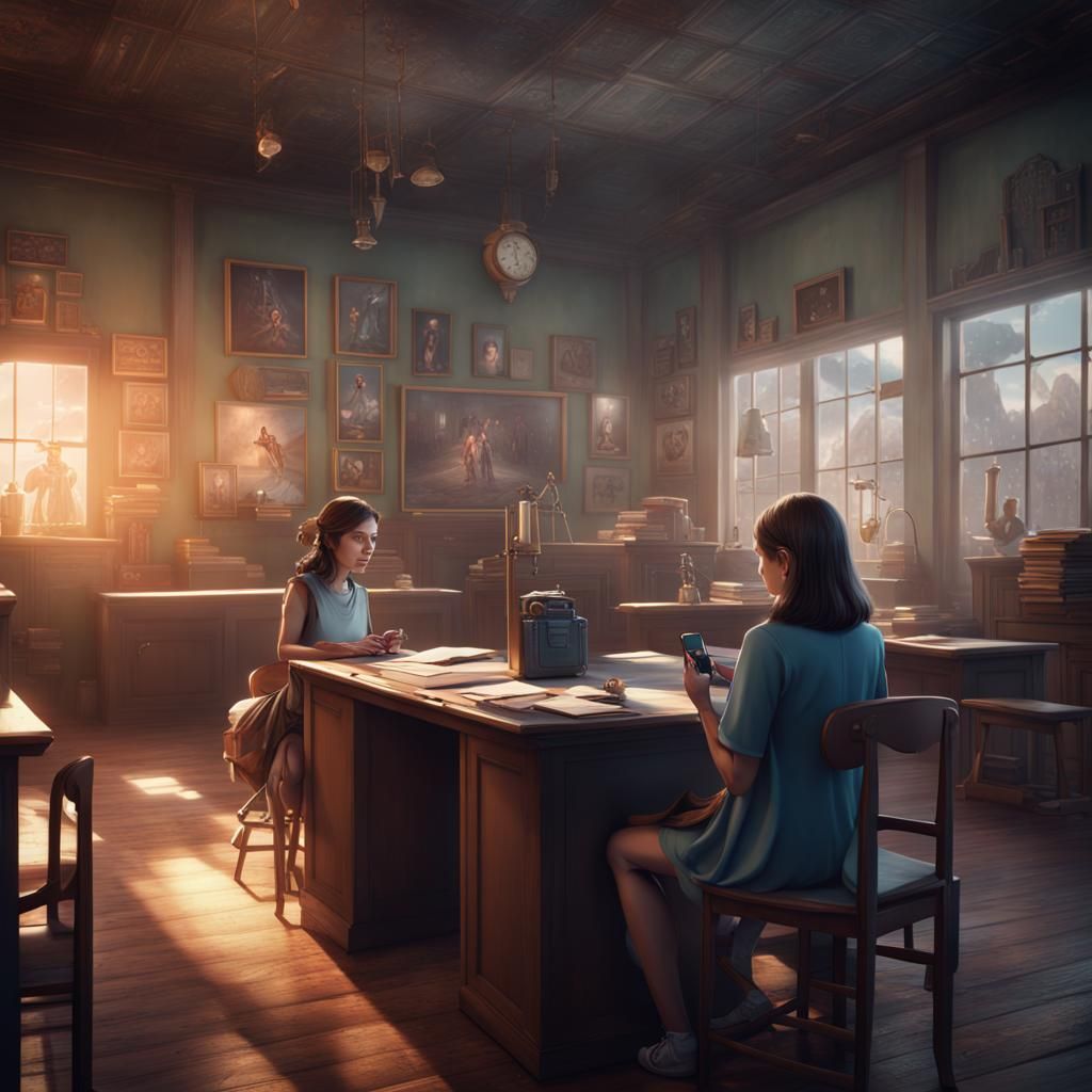 Classroom Smartphone Encounter in Detailed Digital Art