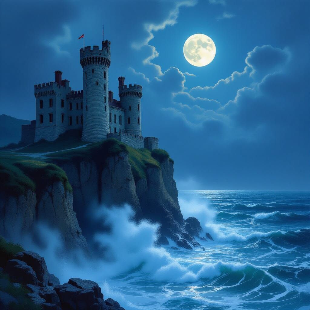 Moonlit Castle on Sea Cliff in Realistic Landscape Style