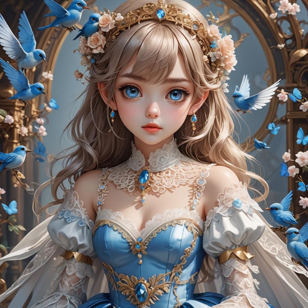 Bluebird Princess: Detailed Anime-Style Digital Illustration