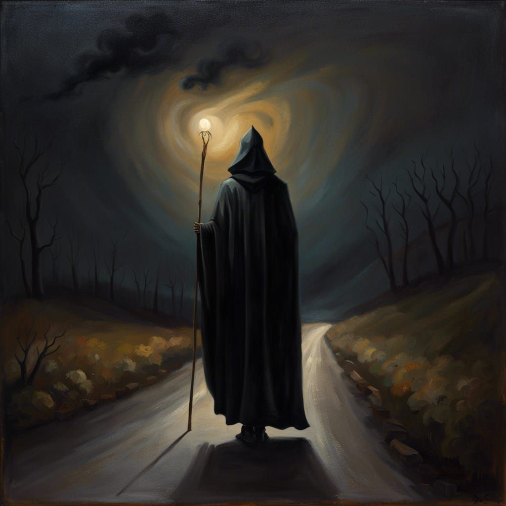 Cloaked Figure on Lonely Road at Night
